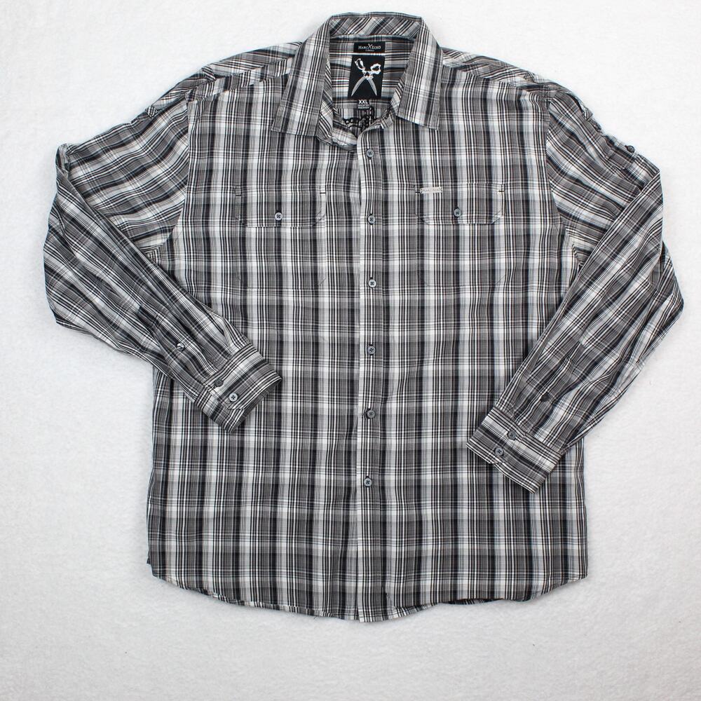 Marc Ecko Y2K Shirt Mens XXL Plaid Button Down Gray Black Graphic Skull Cut Sew